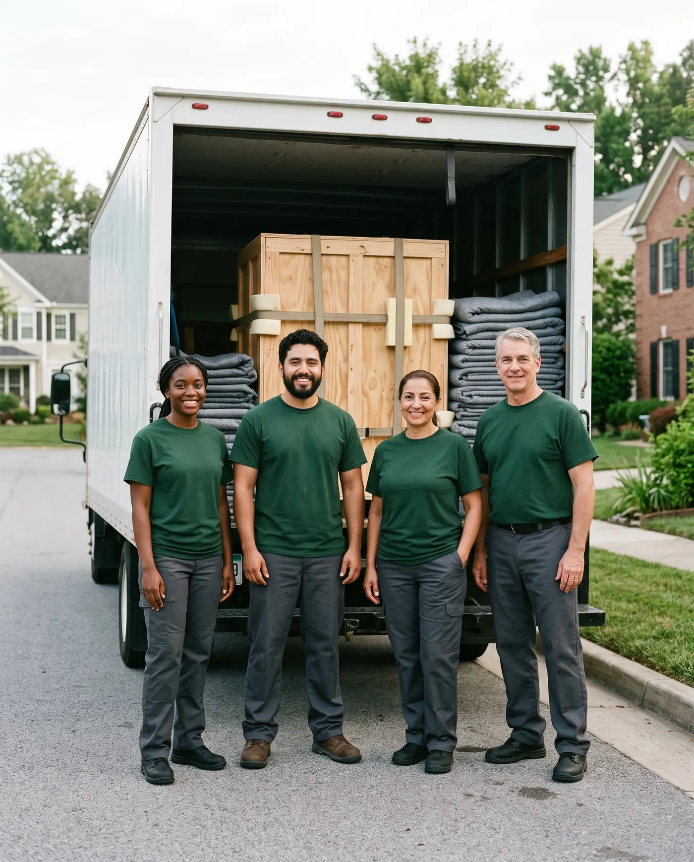 Four Alliance technicians standing in front of a box truck loaded with a finished crate