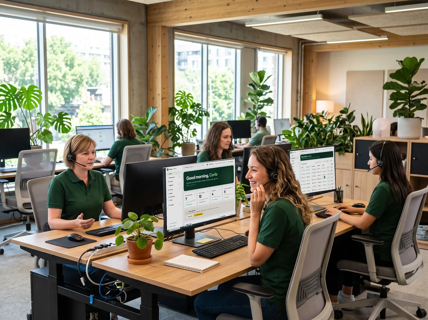Alliance coordinators on headsets at their desks in a bright operations office