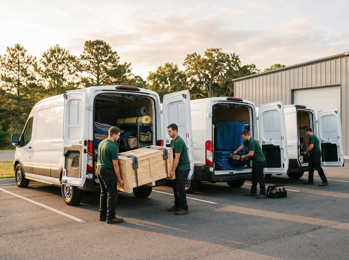 Alliance technicians loading moving blankets and a crate into a row of white vans at sunrise