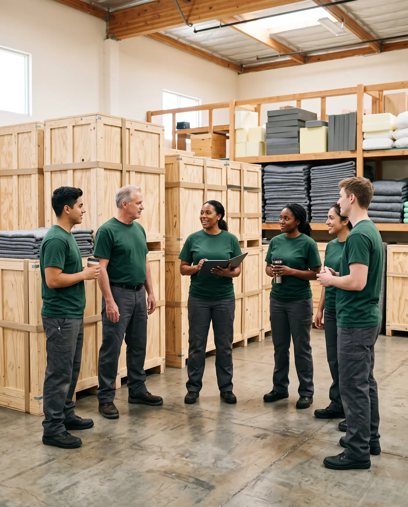 An Alliance team leader running a morning huddle with six technicians in a warehouse lined with crates