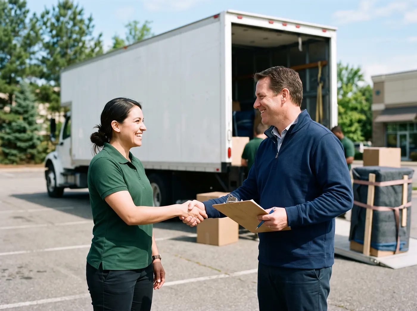 An Alliance coordinator shaking hands with a moving company manager beside a moving truck