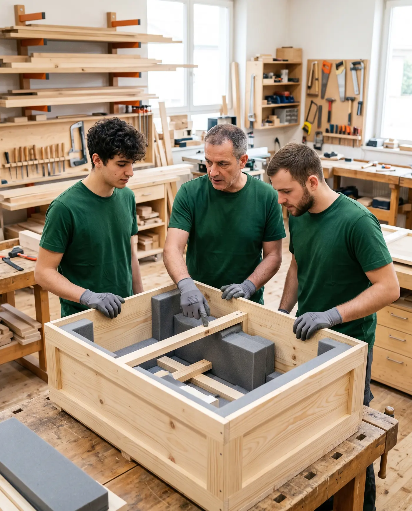 An experienced Alliance technician showing two newer technicians how to brace a custom crate