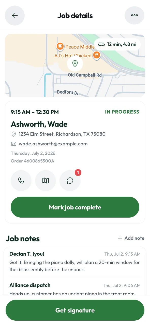Job details in the tech app with the map, customer address and Mark job complete