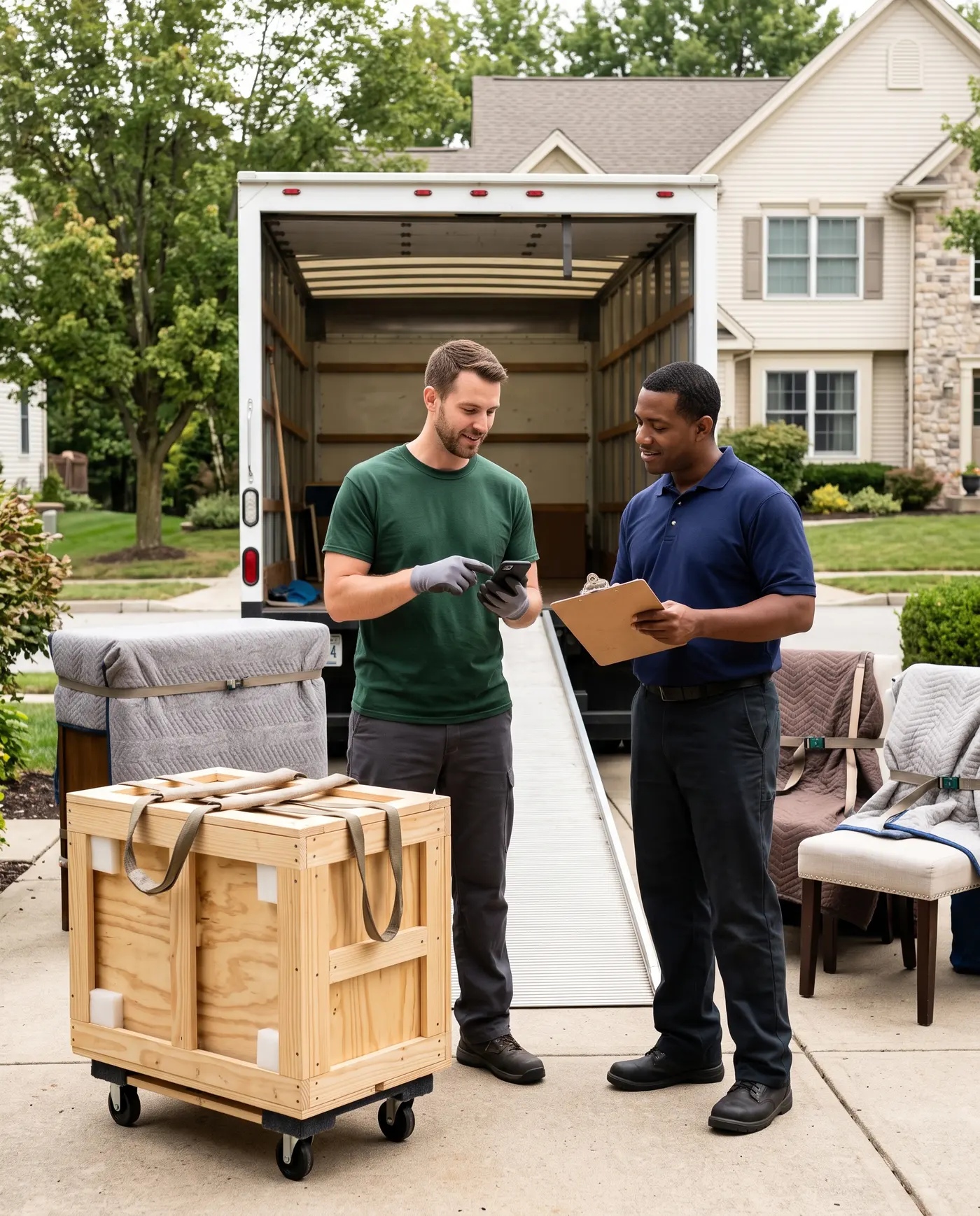 An Alliance technician and a moving company crew member going over a crating job beside the moving truck
