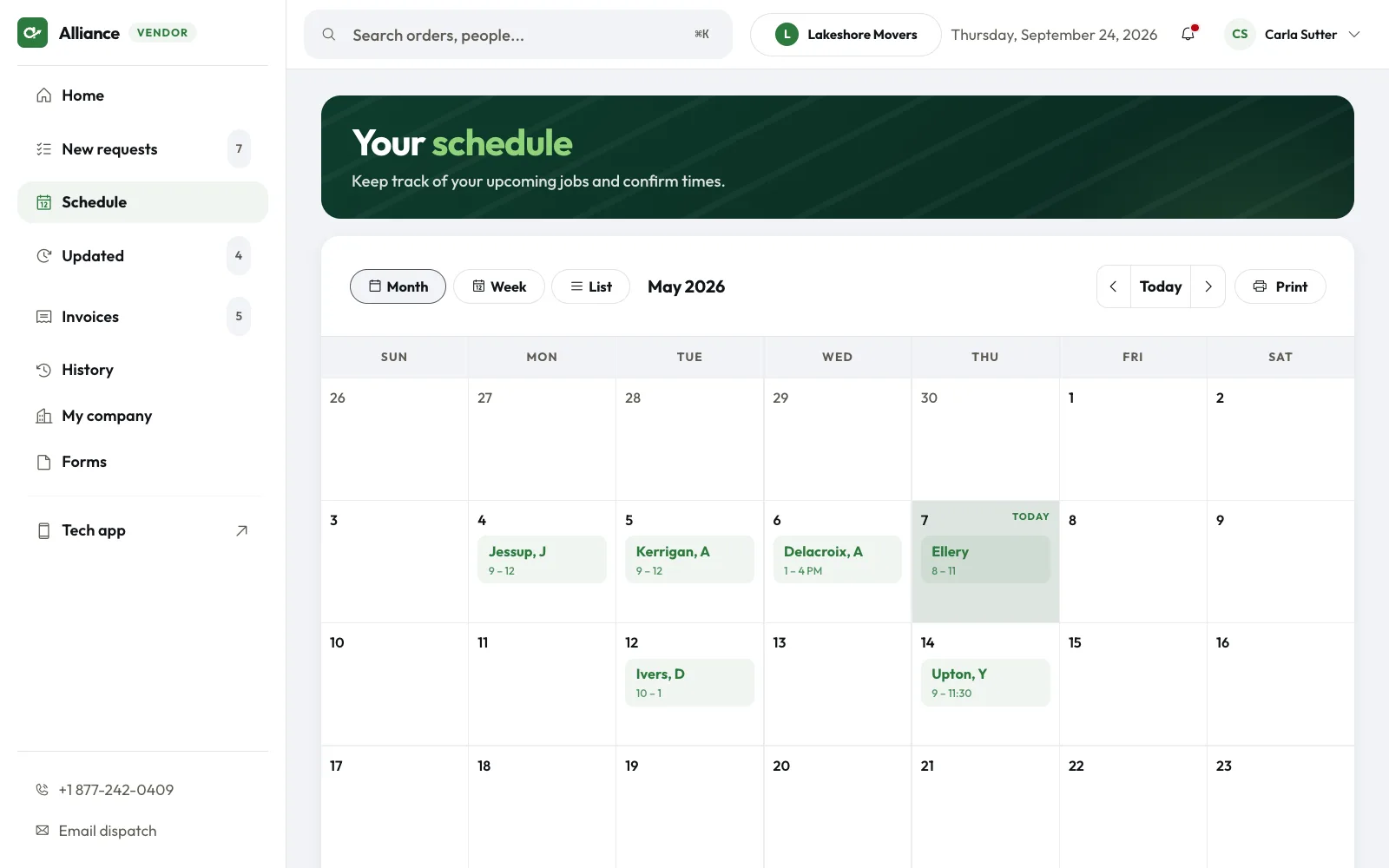 Month calendar with jobs on each date and unconfirmed orders in red