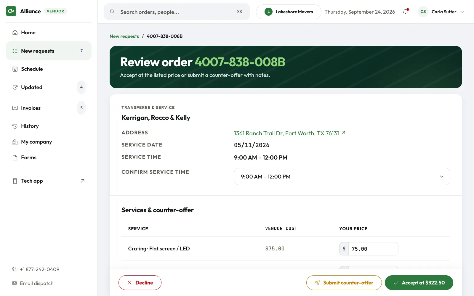 Review order screen with each service, the vendor cost and a field for your own price