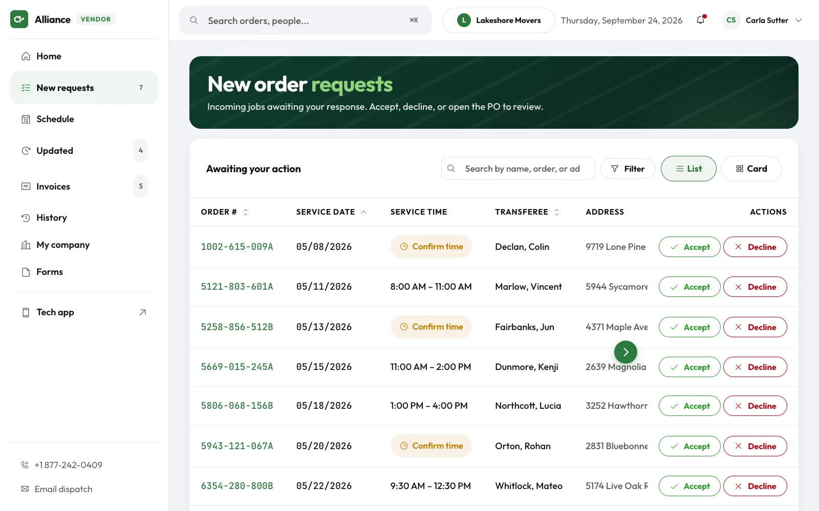 New order requests with accept and decline buttons on each order