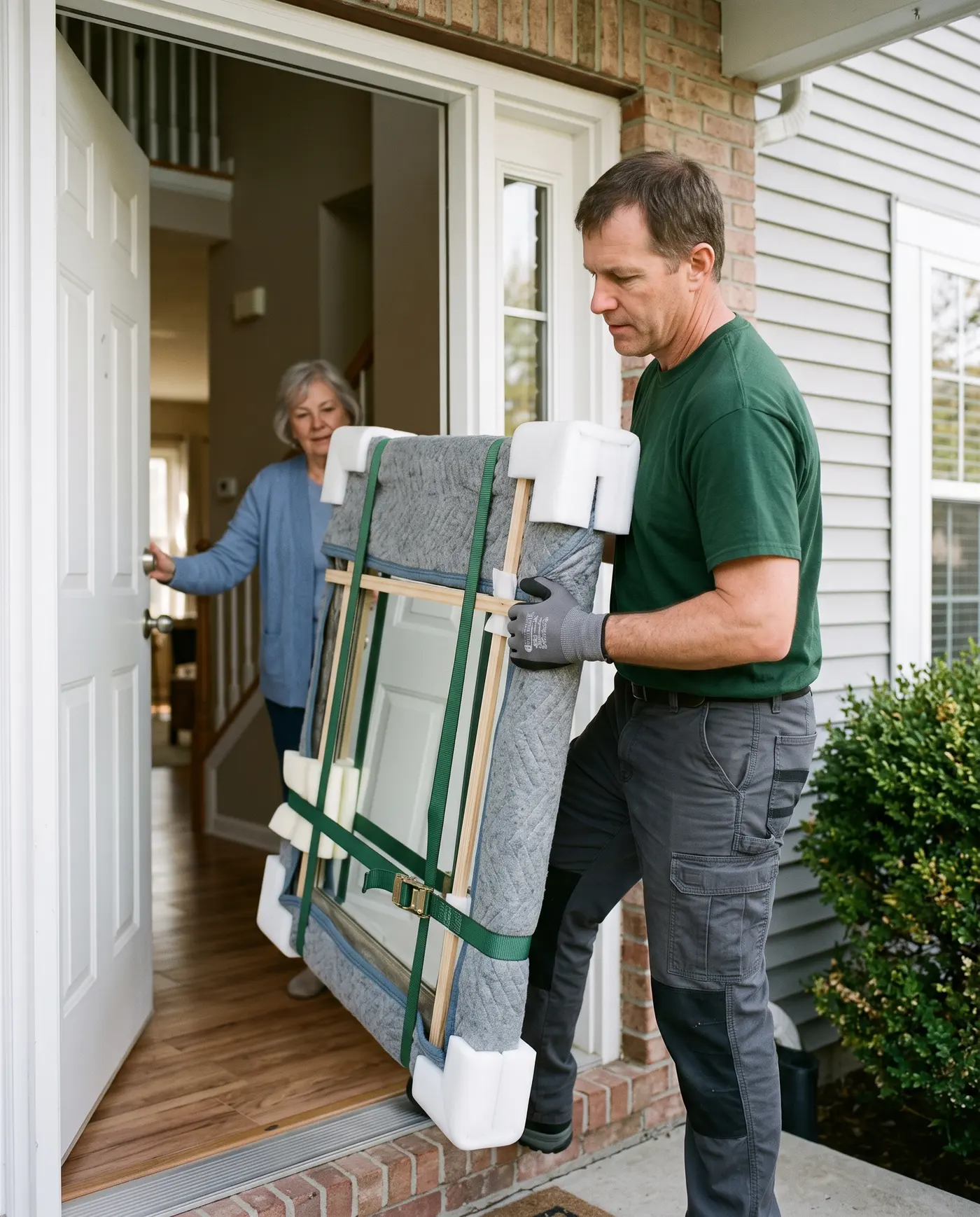 An Alliance technician carrying a wrapped mirror through the front door of a home