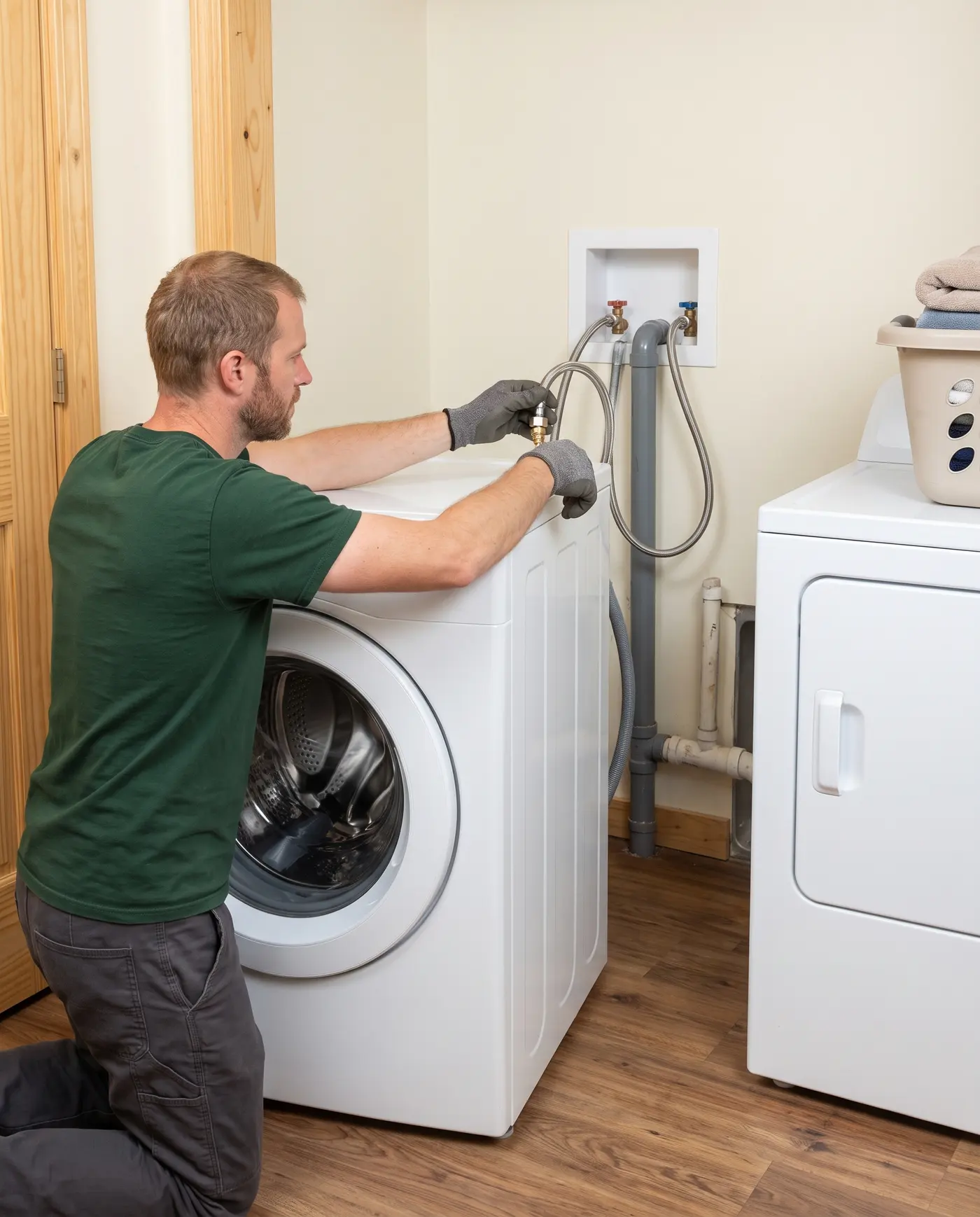 An Alliance technician connecting the water hoses behind a front-load washer to the wall valves