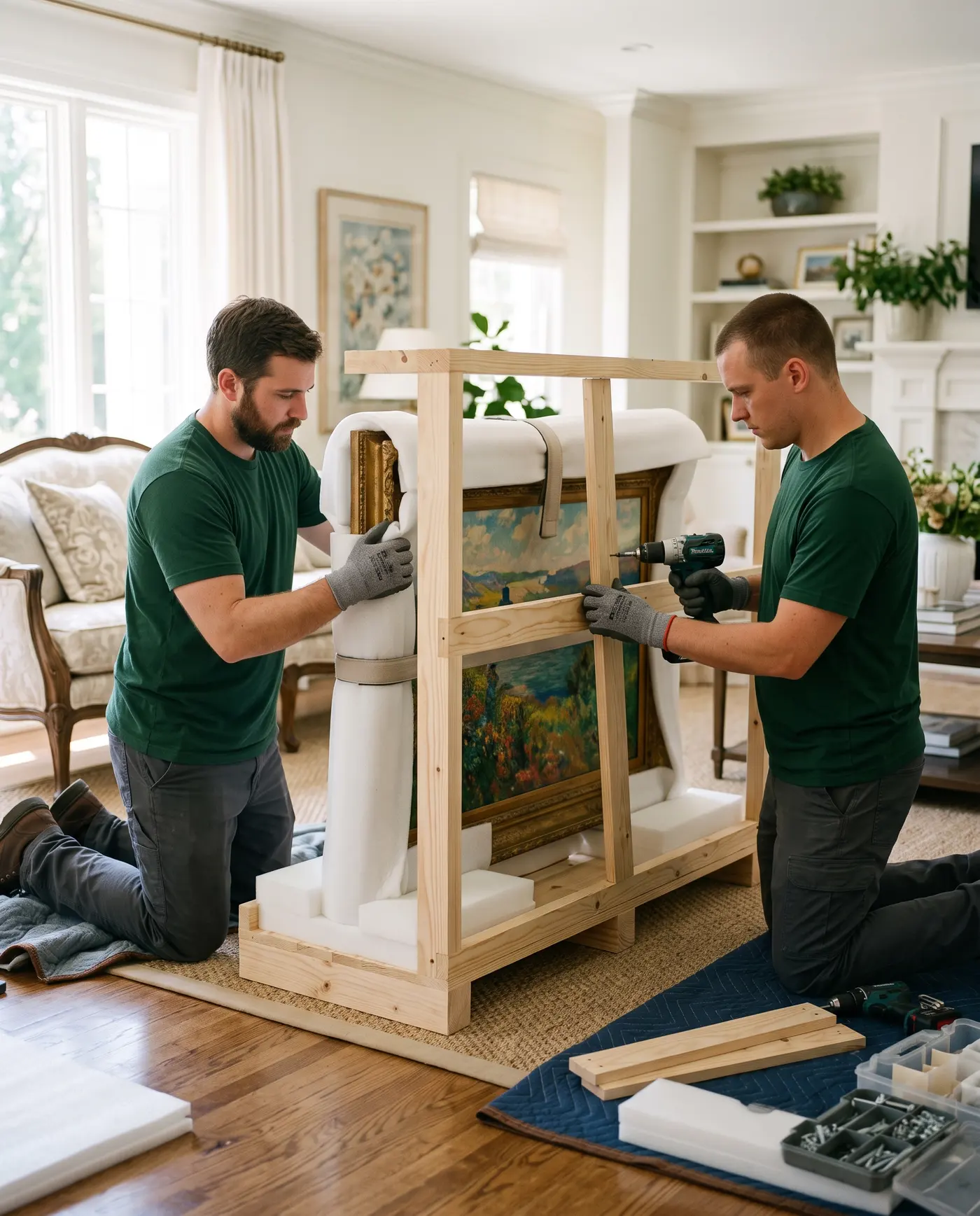 Two Alliance technicians building a custom wood crate around a large framed painting