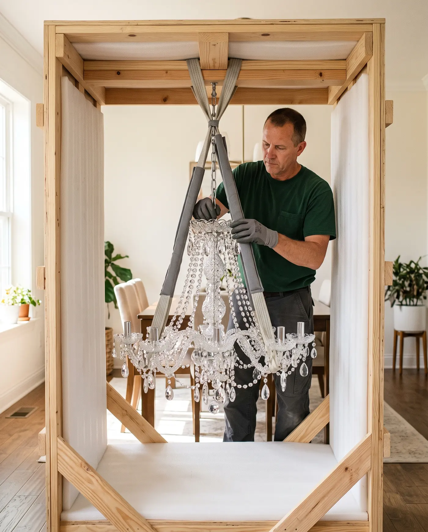 An Alliance technician hanging a crystal chandelier inside a foam-lined crate