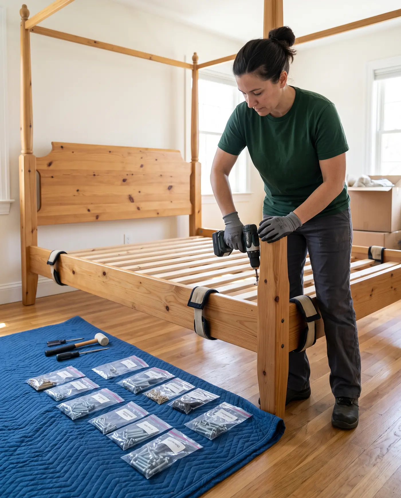 An Alliance technician taking apart a four-poster bed with the hardware bagged and laid out