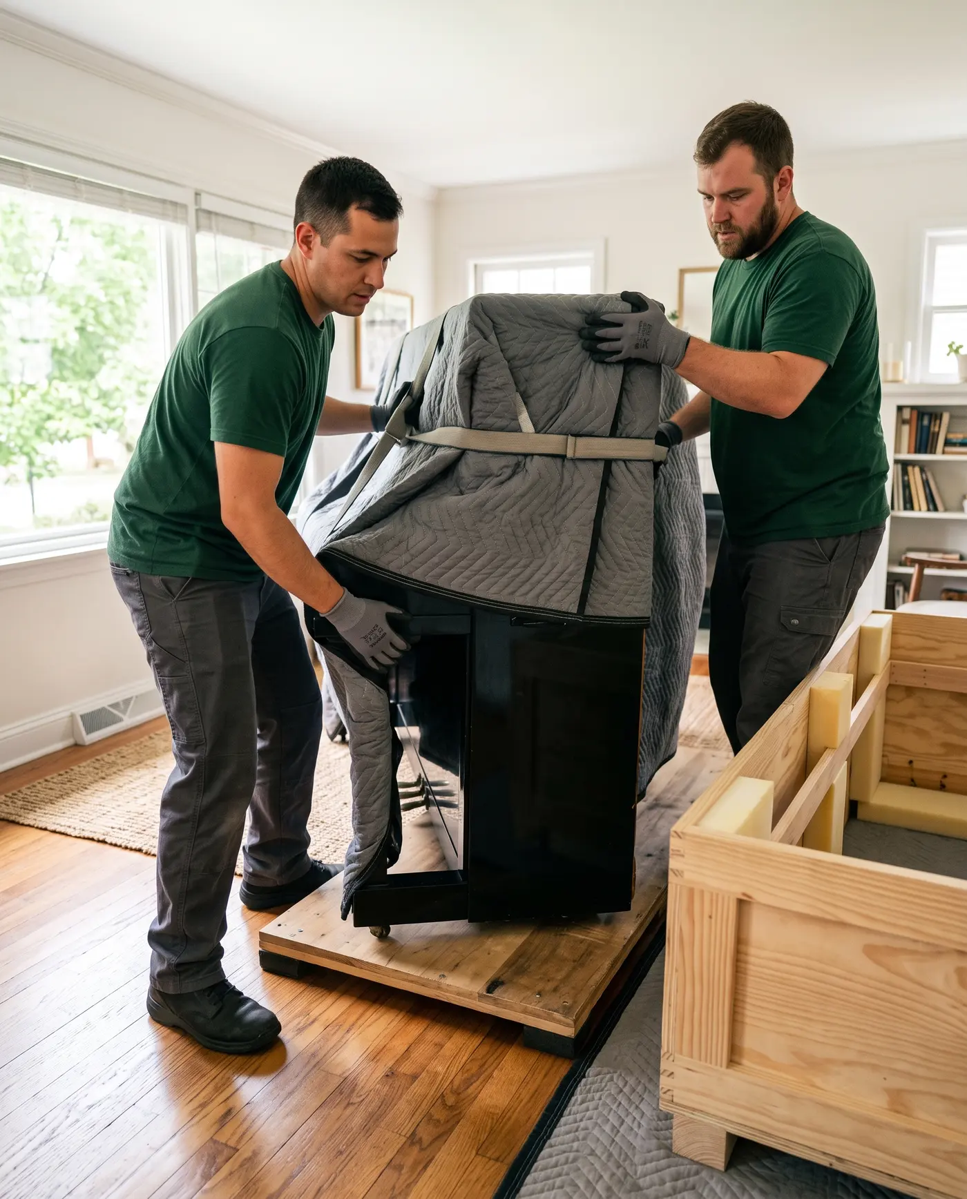 Two Alliance technicians setting a blanket-wrapped upright piano on a piano board beside its crate