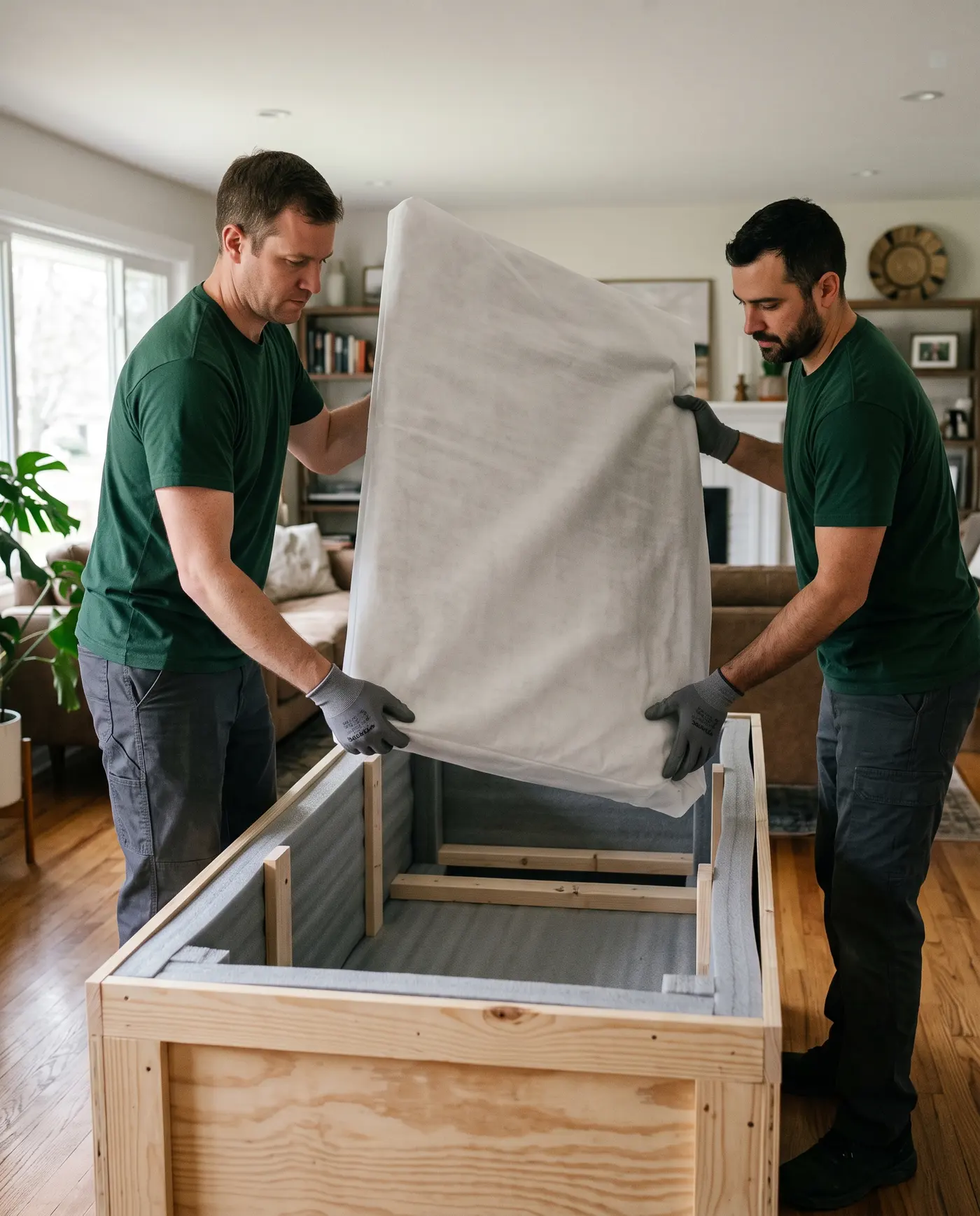 Two Alliance technicians lowering a large flat screen TV into a foam-lined crate