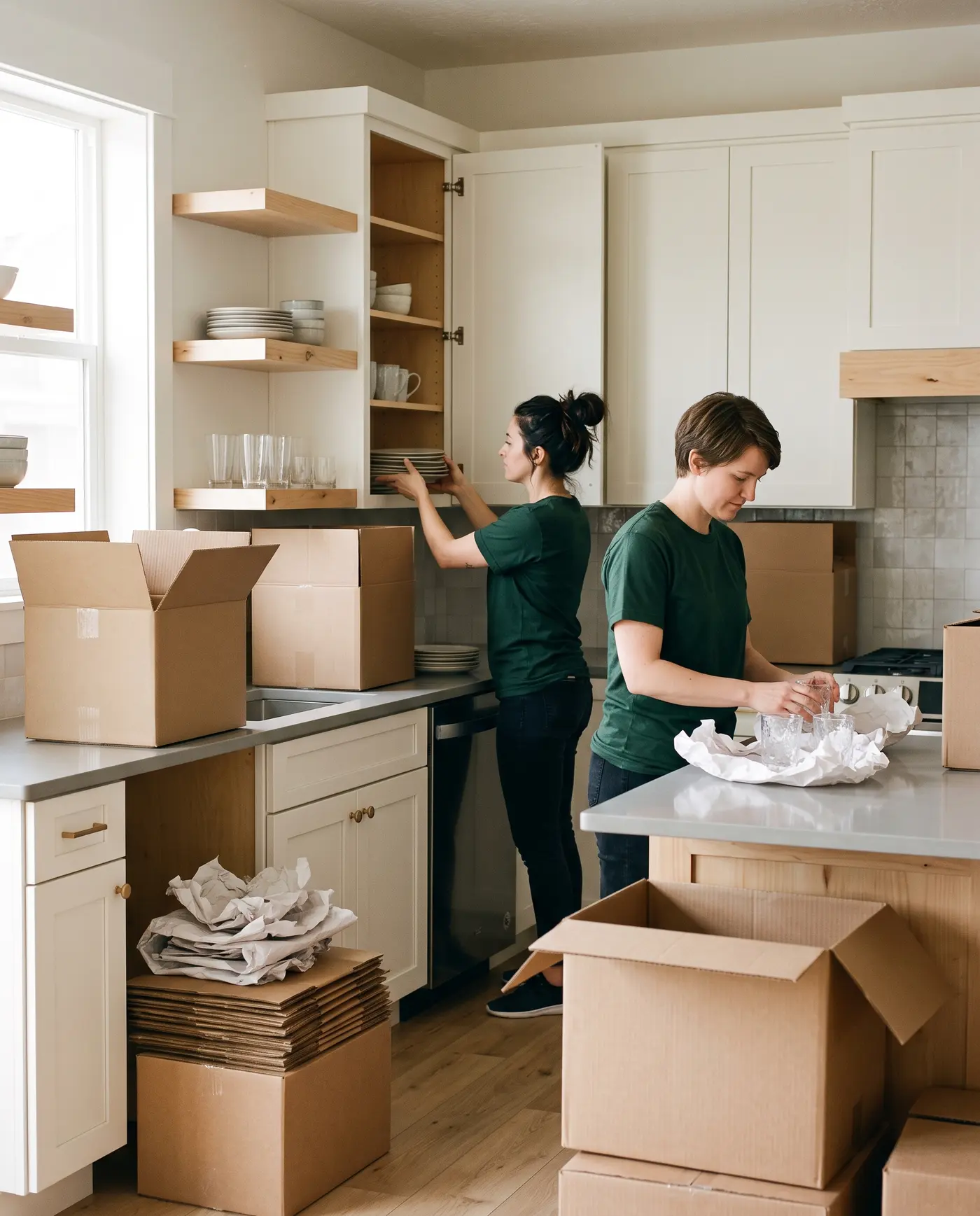 Two Alliance technicians unpacking a kitchen and putting dishes away in the cabinets