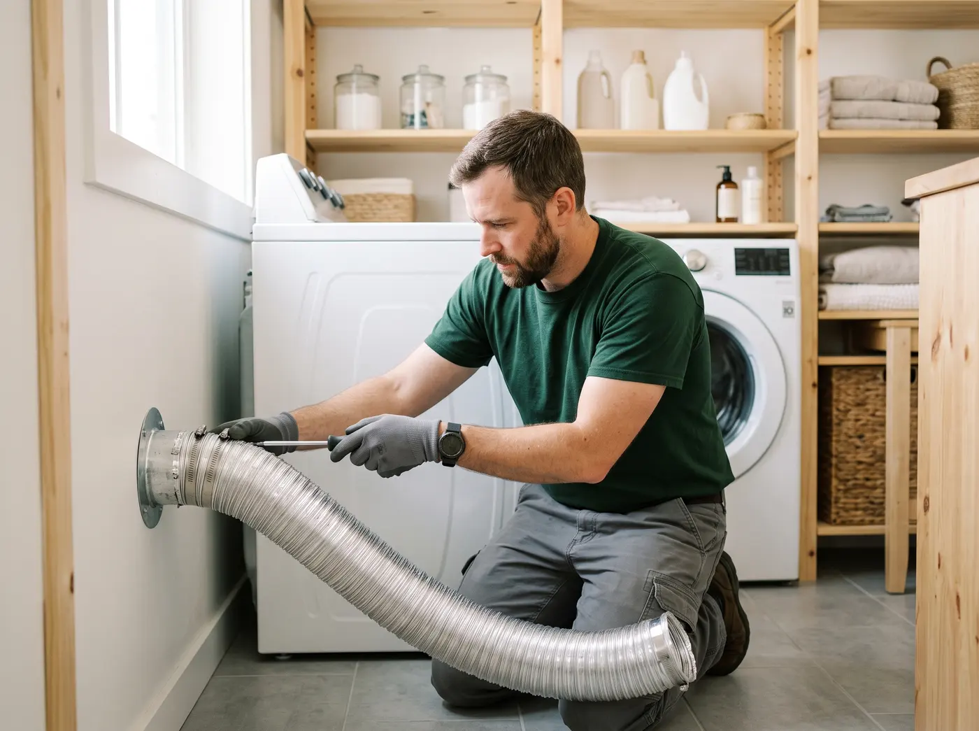 An Alliance technician reconnecting a dryer vent to the wall