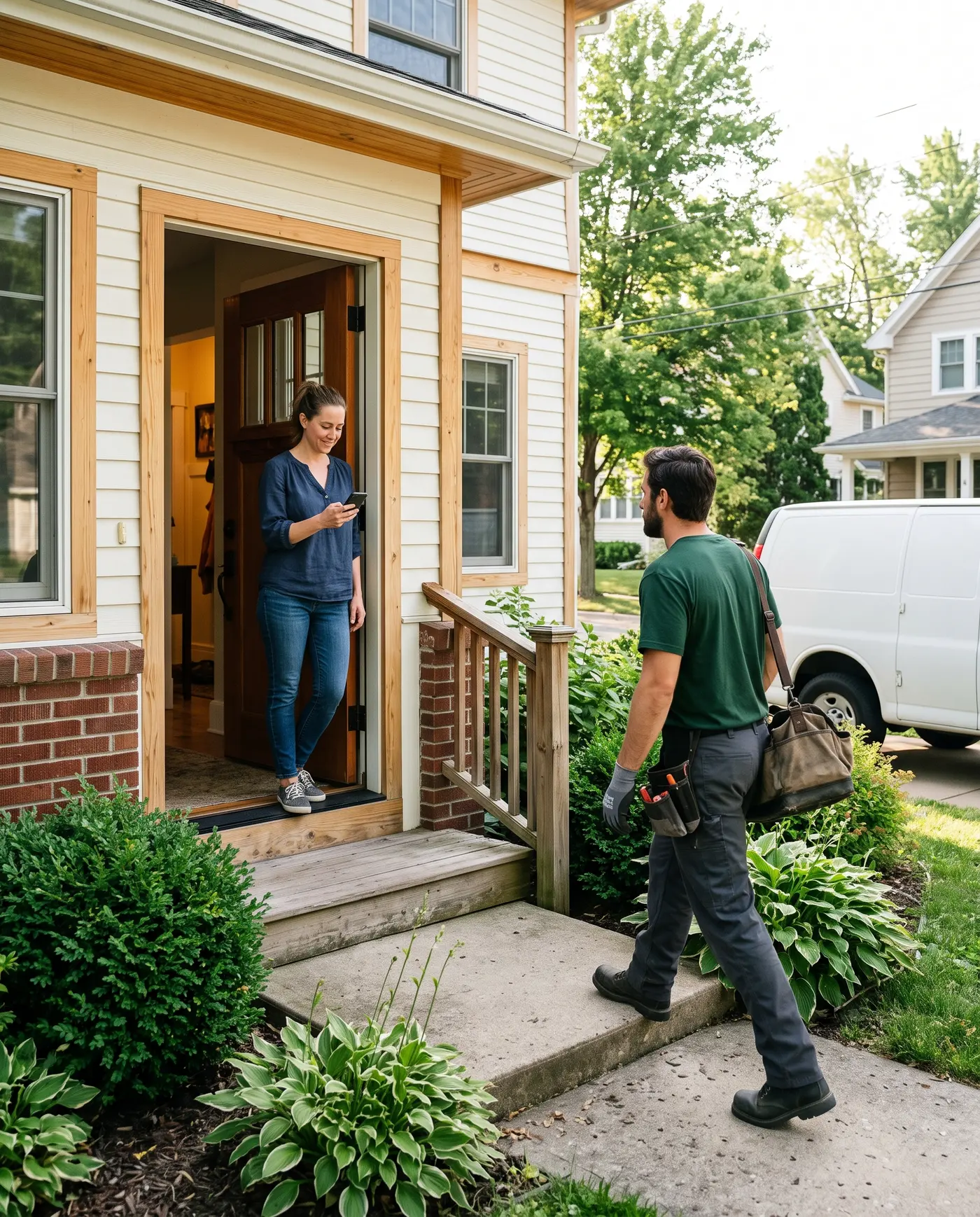 A customer checks a text in her doorway as an Alliance technician walks up with his tool bag