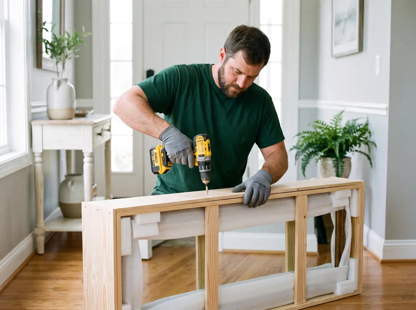 An Alliance technician fitting the last panel onto a crate built around a large mirror
