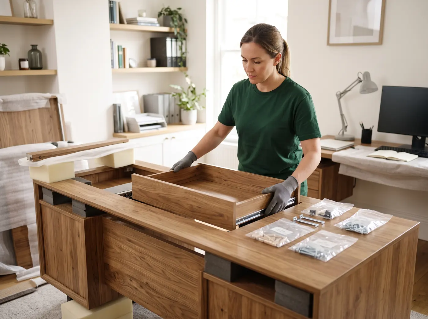 An Alliance technician rebuilding a wood desk with the labeled hardware on top