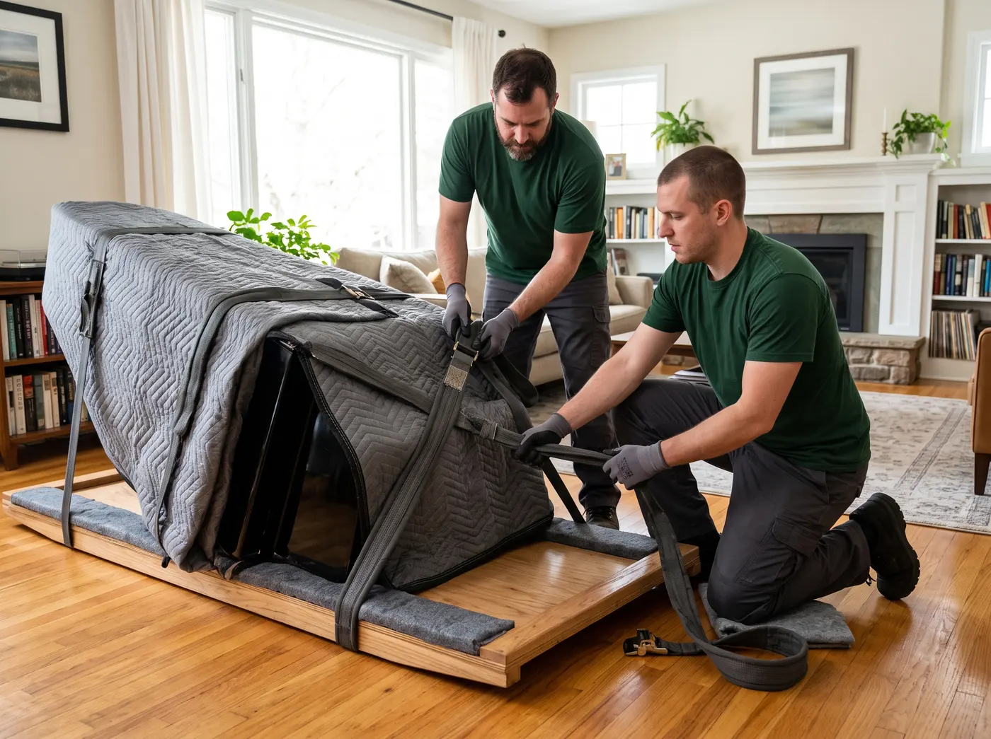 Two Alliance technicians strapping a blanket-wrapped grand piano to a skid board