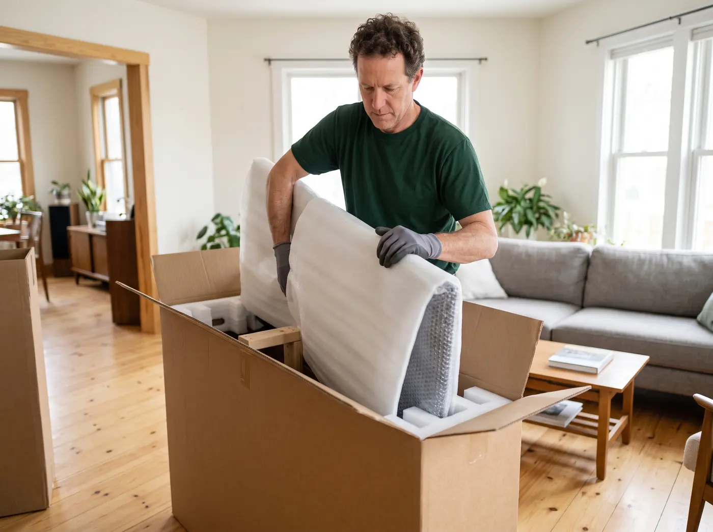 An Alliance technician sliding a foam-wrapped flat screen TV upright into a moving box