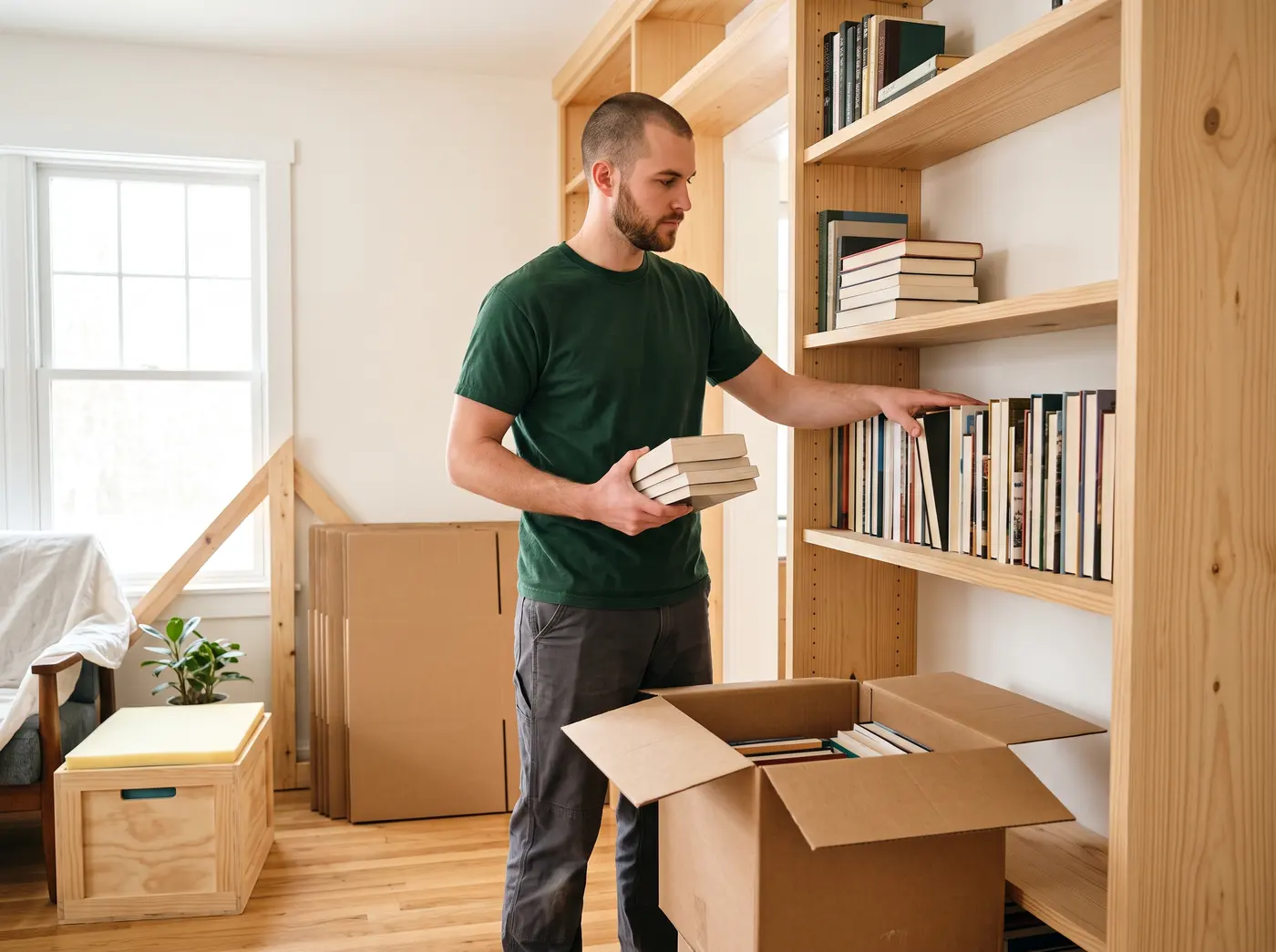An Alliance technician unpacking books onto a bookshelf in a new home